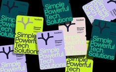 several different types of business cards with the words simple, powerful, and solution written on them