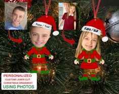 two children wearing santa hats and green pants are hanging from a christmas tree with their names on it