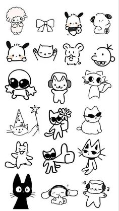 an image of various cartoon characters drawn in black and white on a sheet of paper