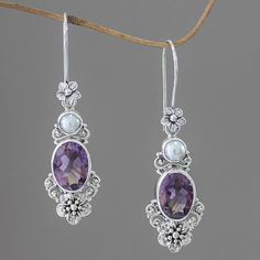 Cultured pearl and amethyst dangle earrings, 'Queen of Flowers' - Women's Floral Pearl and Amethyst Silver Earrings Pearl And Amethyst, Pearl Amethyst, Purple Things, Amethyst Necklace Pendant, Silver Bling, Purple Pearl, Pretty Purple, Sterling Silver Dangle Earrings, Pearl Set