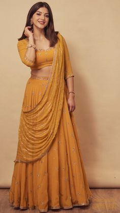 Simple Lehenga Designs For Haldi, Simple Yellow Lehenga For Haldi, Plain Yellow Lehenga For Haldi, Yellow Lehnga Dress For Haldi, Haldi Dresses, Yellow Skirt And Top For Haldi, Haldi Outfits, Lehenga Saree Design, Simple Lehenga