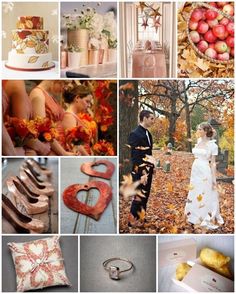 a collage of photos with autumn colors and wedding accessories, including shoes, rings, flowers, apples, cake