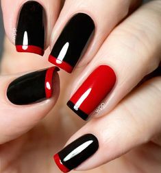 red and black nail polish with white tips on the tip, two tone manicure