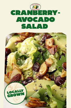 an advertisement for cranberry - avocado salad with nuts and lettuce