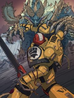 an image of a cartoon character holding a chainsaw in front of a monster like creature