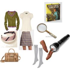 a woman's clothing and accessories including boots, sweaters, bag, umbrella, purse