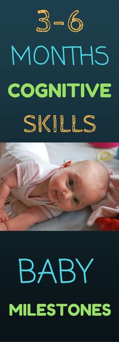 a baby laying on top of a bed next to the words 5 months cognitive skills