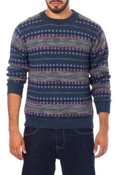 Precisely knitted motifs surround this handsome men's sweater from Peru's Fernando Cano. Working in luxurious alpaca wool he creates a design of intricate geometry in shades of blue and grey with purple accents. Trendy Sweater, Paw Print Jewelry, Spirit Clothing, Fair Trade Clothing, Fair Trade Jewelry, Ribbon Jewelry, Trendy Sweaters, Men's Sweaters, Alpaca Sweater