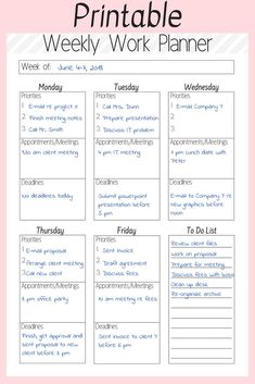 the printable weekly work planner is shown on a pink background with black and white lines