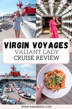 two pictures with the words virgin voyages, and an image of a woman holding a plate