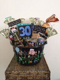 a basket filled with lots of money sitting on top of a wooden table next to a white wall