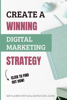 a white desk topped with laptops and headphones on top of it text reads create a winning digital marketing strategy click to find out how