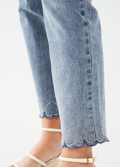 This pull-on straight ankle denim offers both comfort and style with its unique design. The bottom hems are adorned with playful upside-down hearts made of sparkling rhinestones. This fabulous jean is a fun and flirty addition to any wardrobe. Color- Light blue. Mid-rise. Inseam 28". Decorative button and zip fly. Perfect stretch. Non-functional pockets. Fabric - 72% Cotton. 24% Polyester. 3% Viscose. 1% Elastane. French Dressing, 2024 Ideas, Jumpsuit And Blazer, Fall Denim, Classy Dress Outfits, Denim And Lace, Short Sleeve Cardigan, Curvy Dress, Denim Details