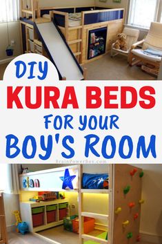 You have to see these cool beds! They are all IKEA KURA bed hacks that are perfect for boys rooms. Baby Zimmer Ikea, Bed Hacks, Ikea Kura Hack, Ikea Hack Kids