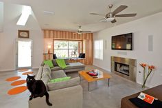 a living room filled with furniture and a cat sitting on top of the couches