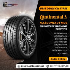 an advertisement for continental's maxcontact mc6 tire on the road