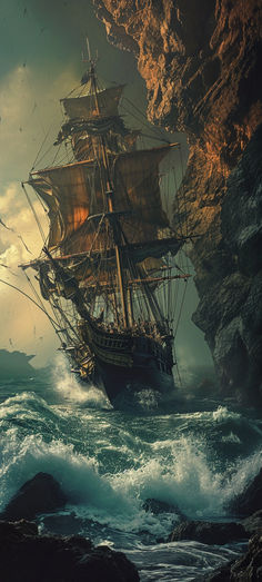 an old sailing ship in the ocean near a rocky cliff