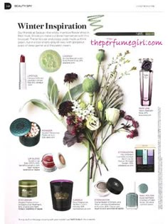 a magazine page with flowers and cosmetics on the front, including an advertisement for winter inspiration