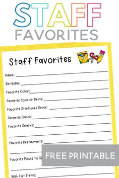 a free printable staff favorites sign up sheet with the words staff favorites on it