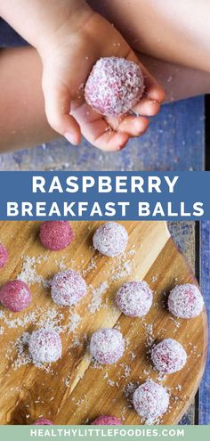 raspberry breakfast balls on a wooden cutting board with text overlay that reads, raspberry breakfast balls