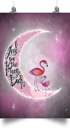 two pink flamingos are standing on the moon