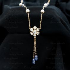 Rosec Jewels - Polki Diamond Flower Dangle Necklace with Tanzanite and Freshwater Pearl 14K Yellow Gold Dangling Necklace, Polki Diamond Necklace, Tanzanite Beads, Dangle Necklace, Dangle Necklaces, Long Pendant Necklace, Diamond Flower, Long Pendant, Flower Design