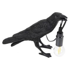 a black bird with a light bulb attached to it