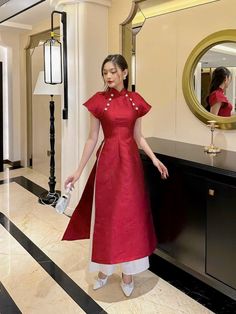 "🌿 This set includes traditional Ao Dai, white pants. Style: Modern Material: Very well made with high-quality Taffeta Collar: 2 cm Length Ao Dai Top: 52 Inches ( 130 cm) Pants length: 42 Inches ( 105 cm) Please provide bust-waist-and hip measurements when placing your order to ensure the best fit for you. 🌿 NOTE: * Recommend gentle washing * Please contact us for any inquiries about size. We don't have an exchange policy for the wrong size * It is safe for a washer and dryer in a \"delicate\" setting. * Actual Ao Dai colors may differ up to 10% due to lightning and viewing devices. * These ao dai pants are made based on Vietnamese size; they will run smaller than American size. 🌿 Return and Exchange Policy: I do not accept cancellations, returns, and exchanges. However, for a special c Traditional Fitted Hanbok For Weddings, Traditional Fitted Wedding Hanbok, Traditional White Cheongsam With Stand Collar, Elegant Fitted White Hanbok, Traditional White Cheongsam For Wedding, Sleeveless Ao Dai For Wedding, Traditional Cheongsam For Ceremony, Traditional White Fitted Cheongsam, Elegant Sets For Traditional Ceremonies In Spring