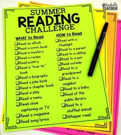 a stack of reading challenge cards with a pen on top of it and the words summer reading challenge written in black