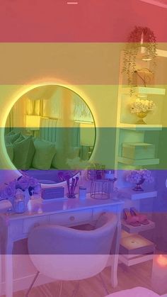 a room with a table, chairs and a mirror in the middle that is multicolored