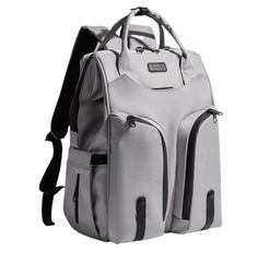 a white backpack with black straps on the front and side pockets, sitting against a white background