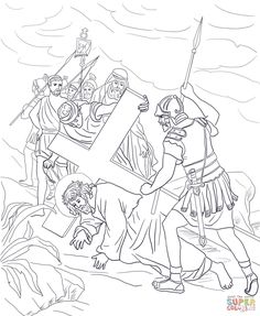 jesus carrying the cross with other people around him coloring pages for kids and adults, including children's pictures