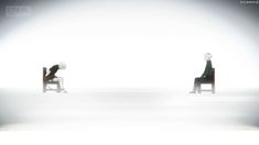 two people sitting on chairs in the middle of a foggy room, one with his head down