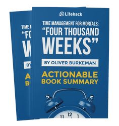 two blue books with an alarm clock on the front and back cover that reads four thousand weeks by clive burkman