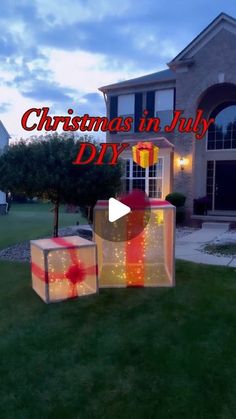 christmas in july diy with lights and presents on the front lawn at night time