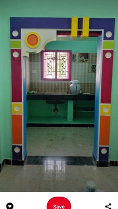 an open door to a brightly colored room with tile flooring and walls painted in different colors