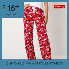 Get cozy for bedtime with this fun pair of Minnie Mouse printed pajama pants for women and juniors from the Disney collection. Made from soft warm microfleece, this pair has an adjustable waist with an elastic-drawstring closure. Wear them with a pajama top or t-shirt. # Pieces In Set: 1 PairFeatures: Adjustable WaistCharacter: Minnie MouseClosure Type: Full Elastic, DrawstringApparel Length: 41 InchesFiber Content: 100% PolyesterFabric Description: MicrofleeceInseam: 31 InCare: Machine Wash, T… Printed Pajama, Mouse Print, Print Pajamas, Pajama Top, Getting Cozy, Minnie Mouse, Pajama Pants, Pajamas, Pants For Women