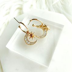 Moonlight Whisper Earrings - The Songbird Collection Small Drop Earrings, Hoop Drop Earrings, Rhinestone Studs, Moon Pendant, Star Pendant, Gold Earrings, Gold Bracelet, 925 Sterling Silver, Moon