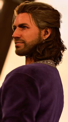 a man with long hair wearing a purple suit