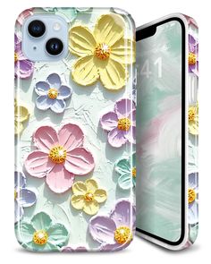 an iphone case with flowers painted on the front and back cover in pastel colors