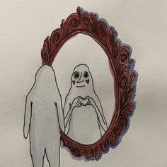 a drawing of two people standing in front of a mirror with the reflection of them holding hands