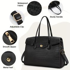 Material:PUTape Type:Detachable Shoulder StrapStyle:CasualColor:BlackIncluded Components:Adjustable strapClosure Type:ZipperOccasion:Going Out,Vacation,Daily CommuteLining Description:NylonPopular Elements:OtherSpecial Features:Water-resistant,Laptop Compartment,Tablet CompartmentItem ID:XD56421 There maybe 1-2 cm deviation in different sizes, locations and stretch of fabrics. Size chart is for reference only, there may be a little difference with what you get. There are 3 kinds of elasticity: H Business Shoulder Bag With Crocodile Pattern, Business Crocodile Pattern Shoulder Bag, Business Crocodile Pattern Satchel Bag, Black Crocodile Pattern Satchel For Business, Travel Crocodile Pattern Crossbody Satchel, Rectangular Crocodile Pattern Shoulder Bag For Travel, Portable Black Laptop Shoulder Bag, Travel Satchel With Crocodile Pattern, Portable Top Handle Bags For Office