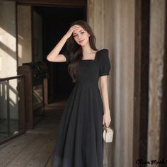 Olivia Mark - Elegant Long Dress with High Neckline and Flared Sleeves Simple Long Sleeve Dress Casual, Long Sleeve Dress Casual, Simple Long Sleeve Dress, Sleeve Dress Casual, Elegant Long Dress, Loungewear Dress, Dress Elegant Long, Long Sleeve Wrap Dress, Maxi Dress Pattern