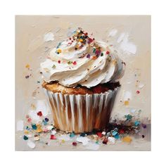 an oil painting of a cupcake with white frosting and sprinkles