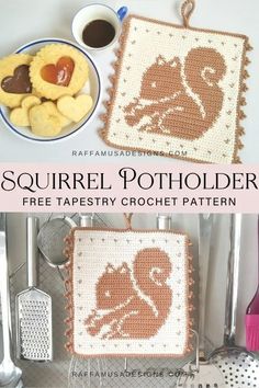 this is an image of a crochet pattern for a squirrel pot holder