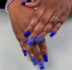 Blue Base Nail Designs, Blue And Silver Prom Nails Acrylic, Short Royal Blue Nails With Rhinestones, Cute Acrylic Nail Designs Medium Length Blue, Navy Blue Nails Acrylic Short Square, Dark Blue Nails Ideas Short, Royal Blue Birthday Nails Short, Royal Blue Nails Black Women, Royal Blue Nails Short French