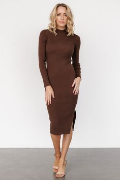 Our new Knightsbridge Ribbed Sweater Midi Dress is a chic staple piece for any wardrobe! The mock neck and fitted silhouette make it fab. Ribbed Midi Dress For Fall, High Neck Ribbed Workwear Dress, Fall Ribbed Midi Dress, High Neck Ribbed Dress For Work, Ribbed High Neck Bodycon Midi Dress, High Neck Ribbed Bodycon Midi Dress, Ribbed Bodycon High Neck Midi Dress, Brown Ribbed Midi Sweater Dress, Brown Ribbed Midi Dress For Winter