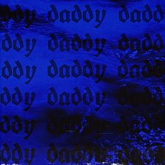 an abstract painting with black and blue words on it's surface, in the middle of which is a dark blue background