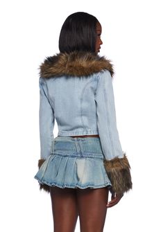 This jacket has a denim construction with a faux fur notched lapel collar, faux fur cuffs, chest pockets with button closures, and front button closures. Fur Denim Jacket, Halloween Costume Boots, School Halloween Costumes, Kiss Outfits, Denim Jacket With Fur, Fur Cuffs, Fairy Festival, Fur Collar Jacket, Halloween School