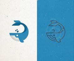 two different logos with fish and dolphin on the same side, one is blue and white